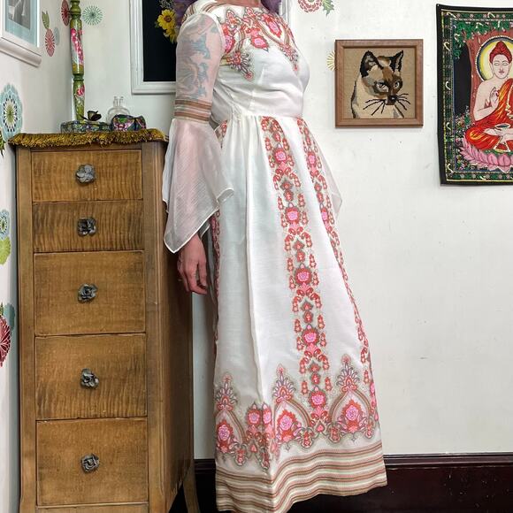 Vintage Alfred Shaheen Bell Sleeve Maxi Dress, 1970s Pink Paisley Gown Sz XS - Picture 5 of 10